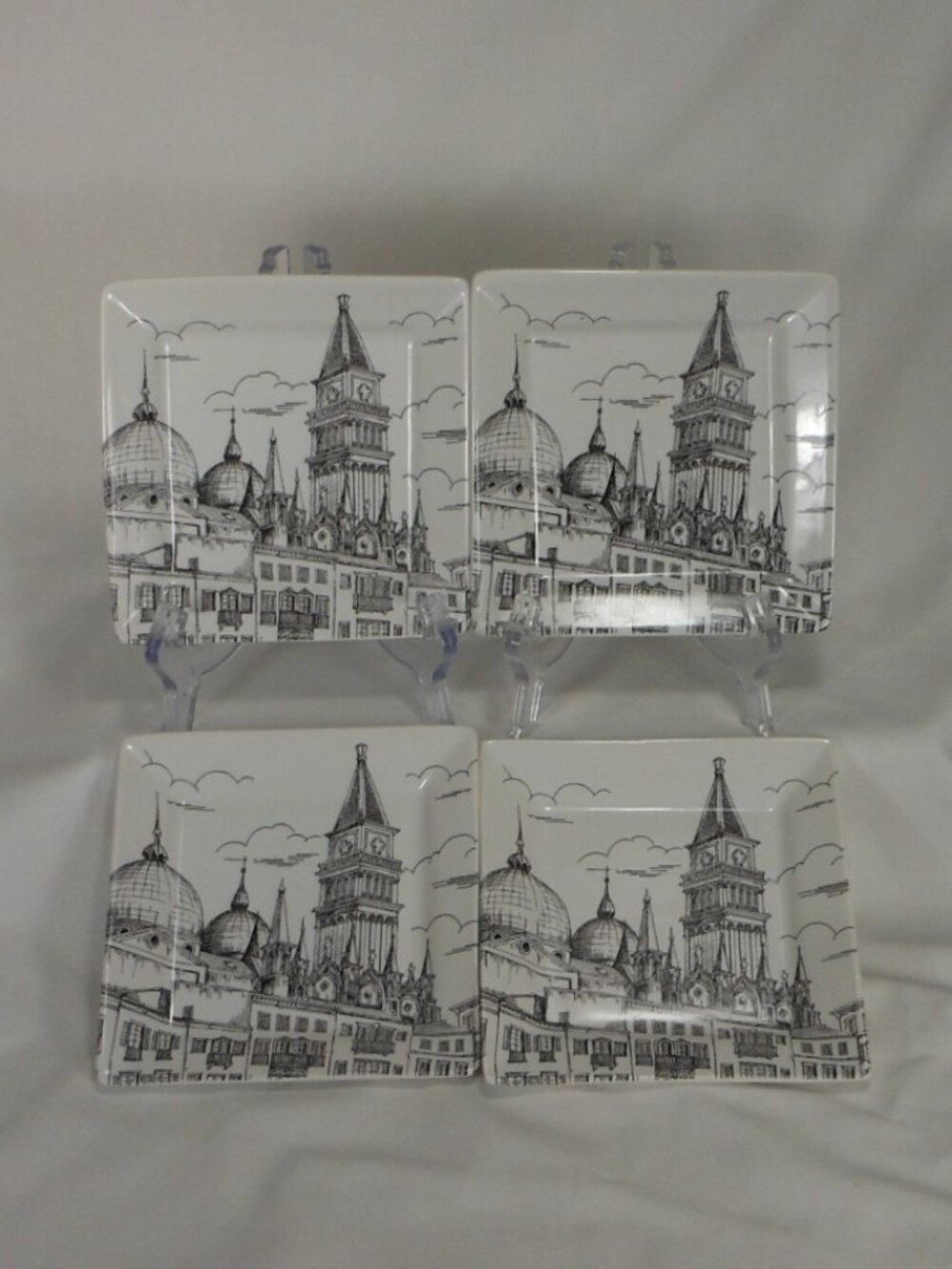 222 FIFTH black & white city scenes square porcelain dishes set of 4